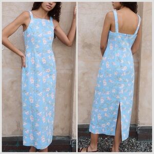 COCO SHOP HIGH-NECK MIDI DRESS IN BLUE White HIBISCUS Floral Sz XS